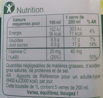 Pamplemousse rose, 100 % Pur Fruit Pressé - Valori nutrizionali - fr