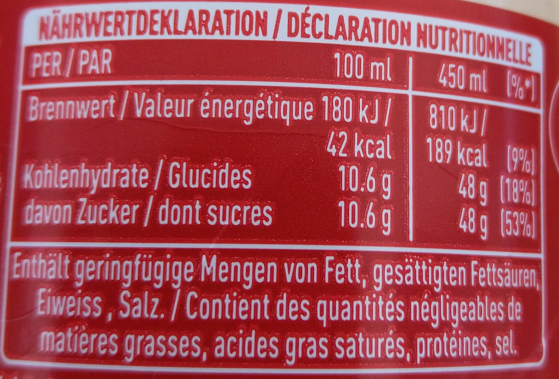 Coca Cola - Valori nutrizionali - de